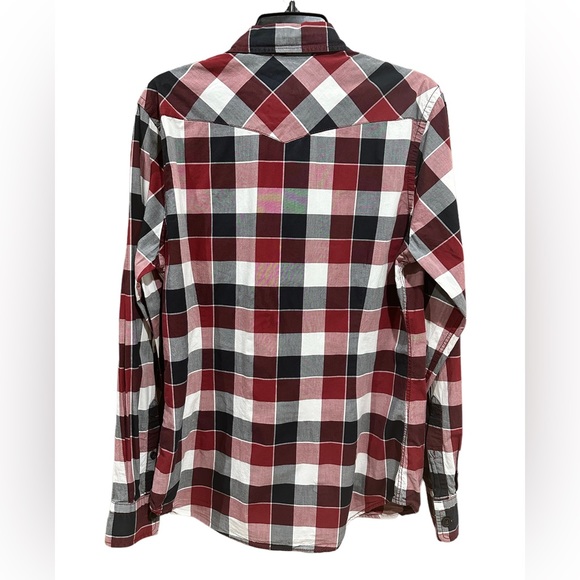 Express Men's Maroon/ White Plaid Button Up Fitted Shirt Size M Front Pockets - Picture 2 of 16